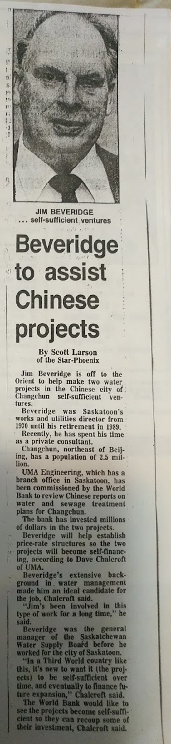 Newspaper clipping about Jim Beveridge and Chinese projects