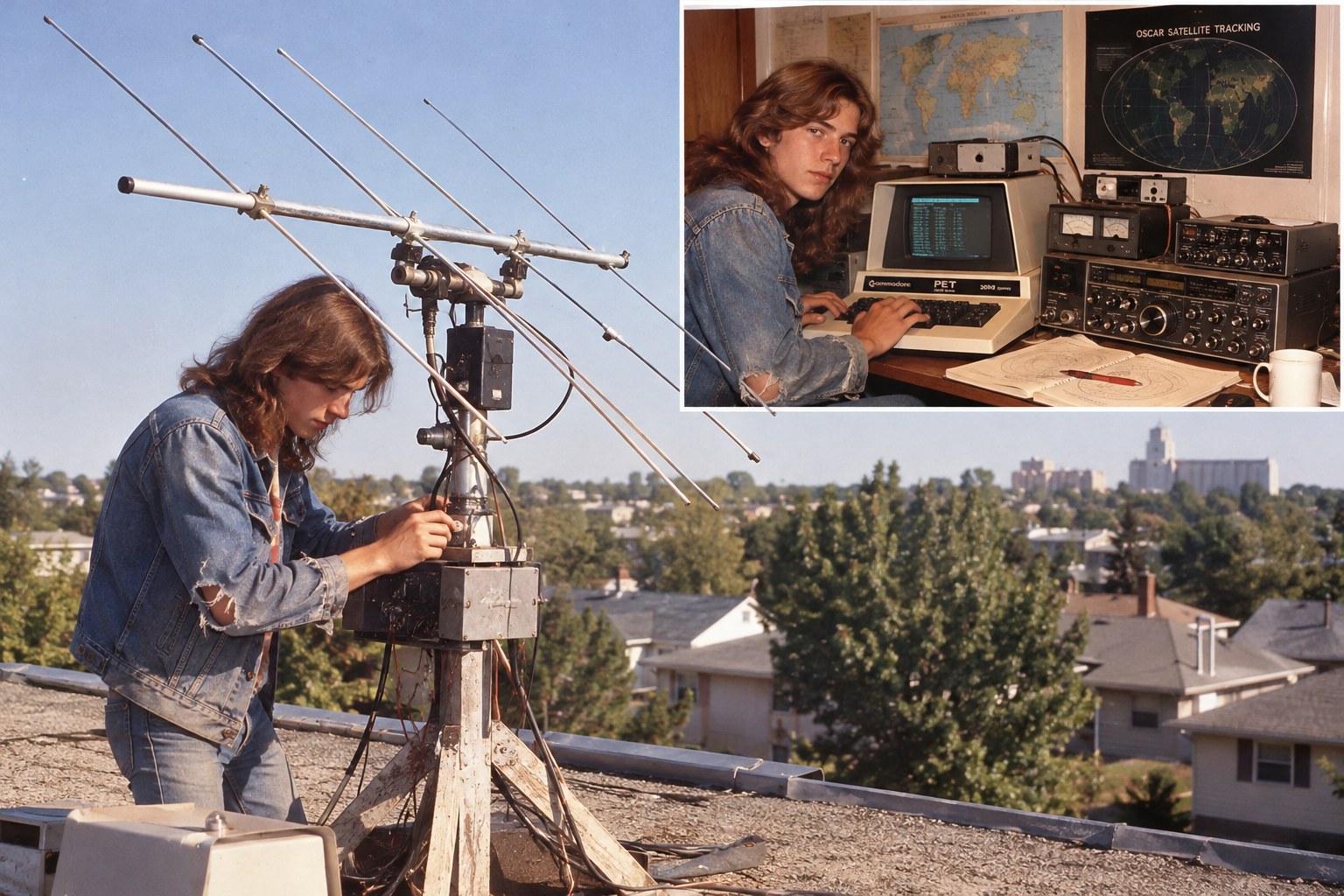 AI-generated historical reconstruction of computer-controlled OSCAR satellite antenna tracking on an urban rooftop, with teenager in long hair and denim jacket